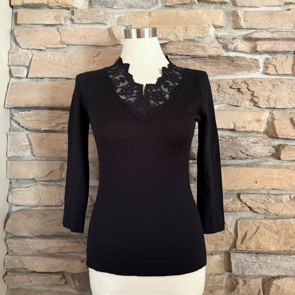 Nine West Black Wool Blend Lace Trim Sweater Top Small 3/4 Sleeve Elegant Small